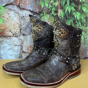 FERRINI Stampede Studded Distressed Leather Moto Boots, 7.5 B